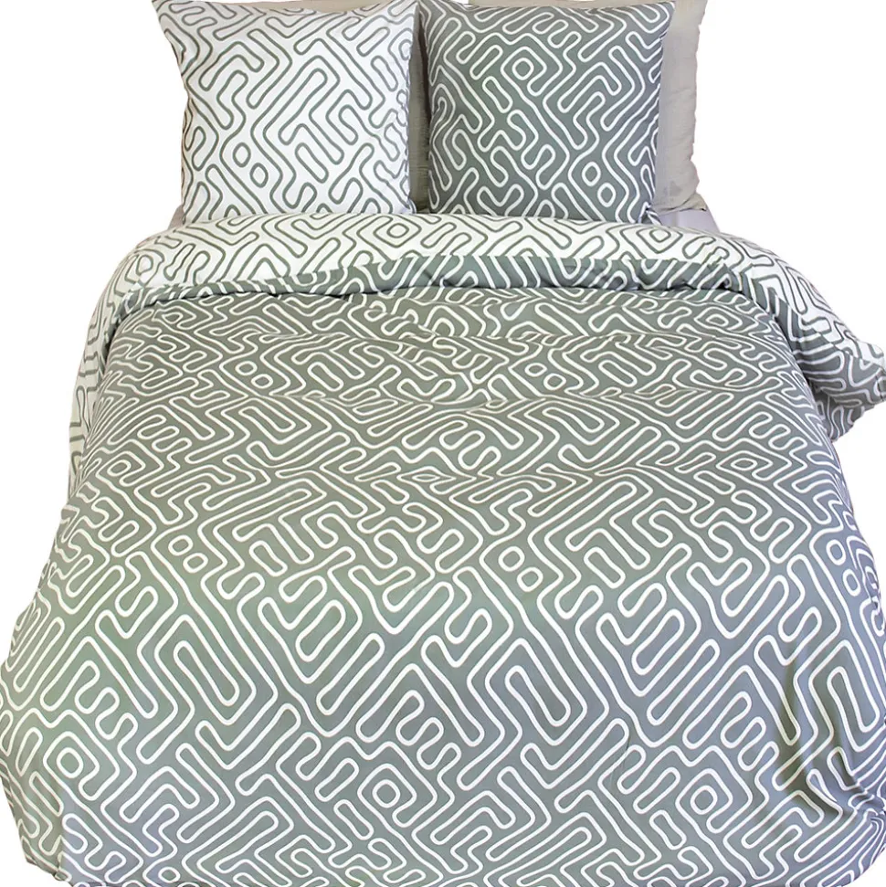 Parure de lit 240x220 cm en microfibre PARCHEMIN vert motif graphique 3 pièces