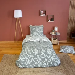 Parure de lit 140x200 cm en microfibre PARCHEMIN vert motif graphique 2 pièces