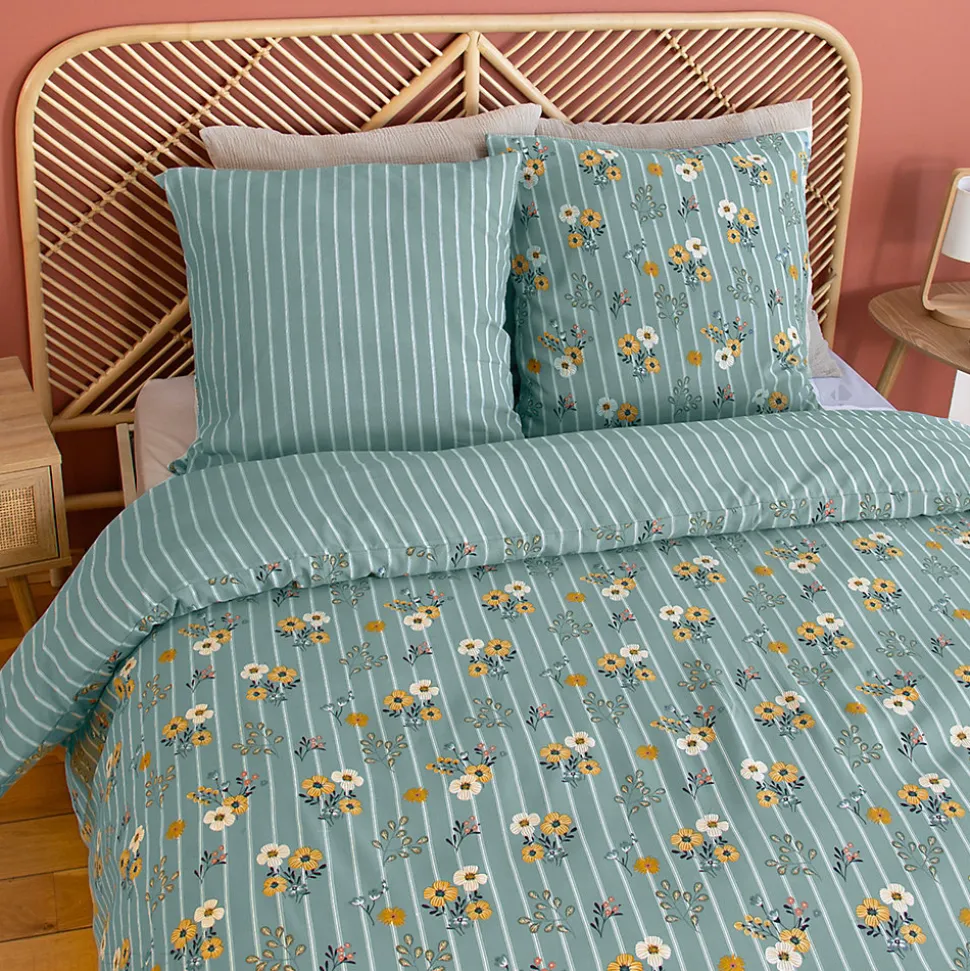 Parure de lit 260x240 cm FLORINETTE microfibre à rayures motif florale
