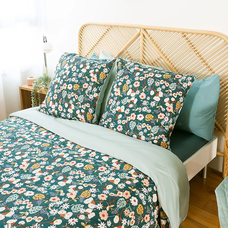 Parure de lit 260x240 cm microfibre CUEILLETTE vert 3 pièces