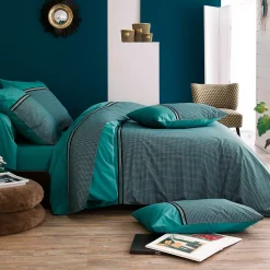 Parure de lit 260x240 cm percale de coton GUSTAV vert Emeraude 3 pièces
