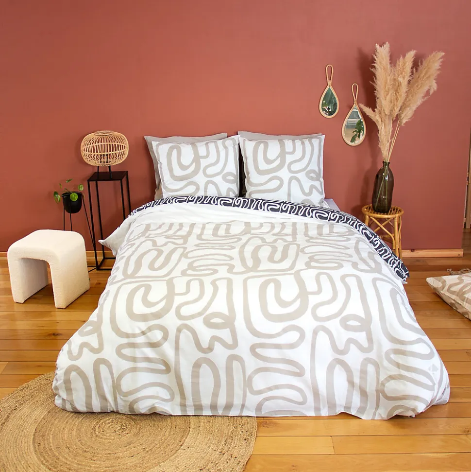 Parure de lit 240x220 cm pur coton collection SIDNIE blanc motif abstrait 3 pièces