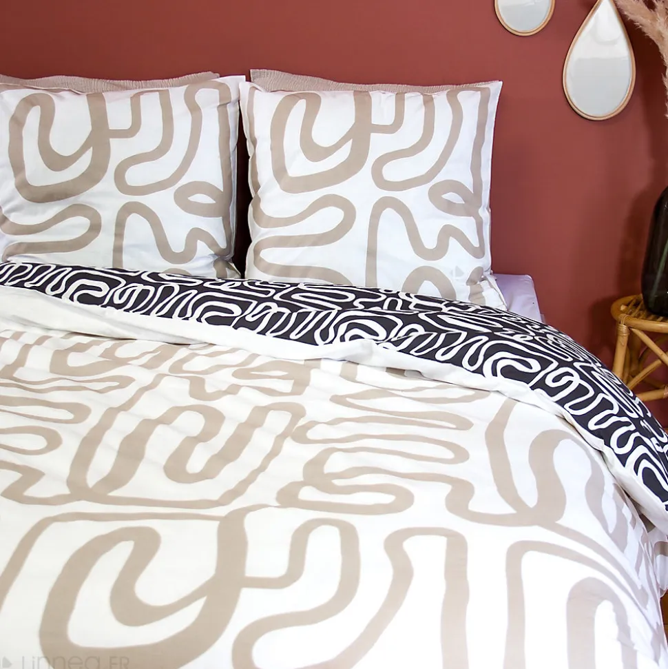 Parure de lit 240x220 cm pur coton collection SIDNIE blanc motif abstrait 3 pièces