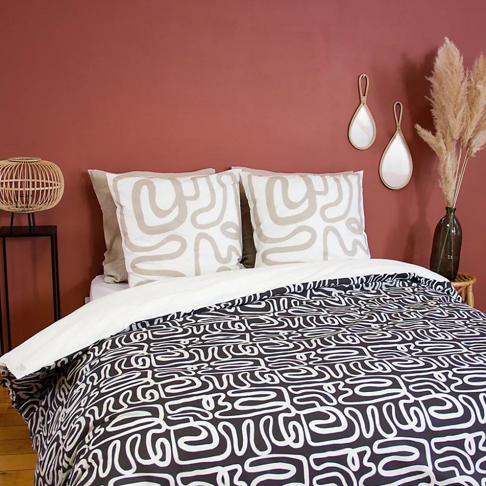 Parure de lit 240x220 cm pur coton collection SIDNIE blanc motif abstrait 3 pièces