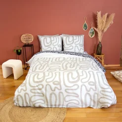 Parure de lit 260x240 cm pur coton collection SIDNIE blanc motif abstrait 3 pièces