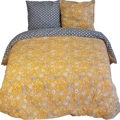 Parure de lit 260x240 cm pur coton ASCHWINI motif floral jaune 3 pièces