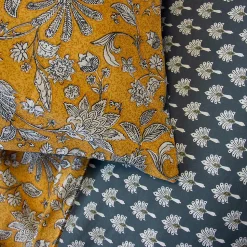 Parure de lit 260x240 cm pur coton ASCHWINI motif floral jaune 3 pièces