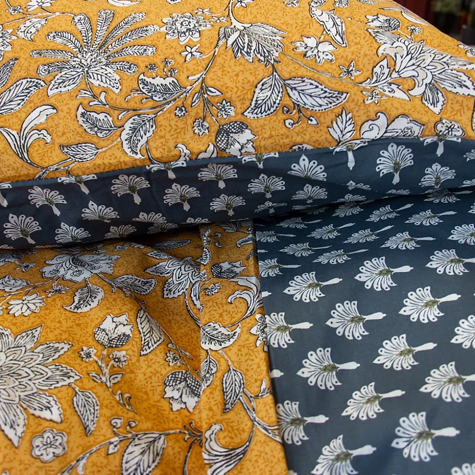 Parure de lit 240x220 cm pur coton ASCHWINI motif floral jaune 3 pièces