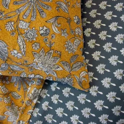 Parure de lit 240x220 cm pur coton ASCHWINI motif floral jaune 3 pièces