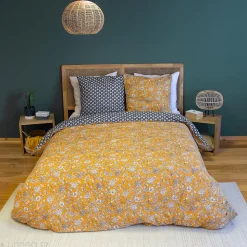 Parure de lit 240x220 cm pur coton ASCHWINI motif floral jaune 3 pièces