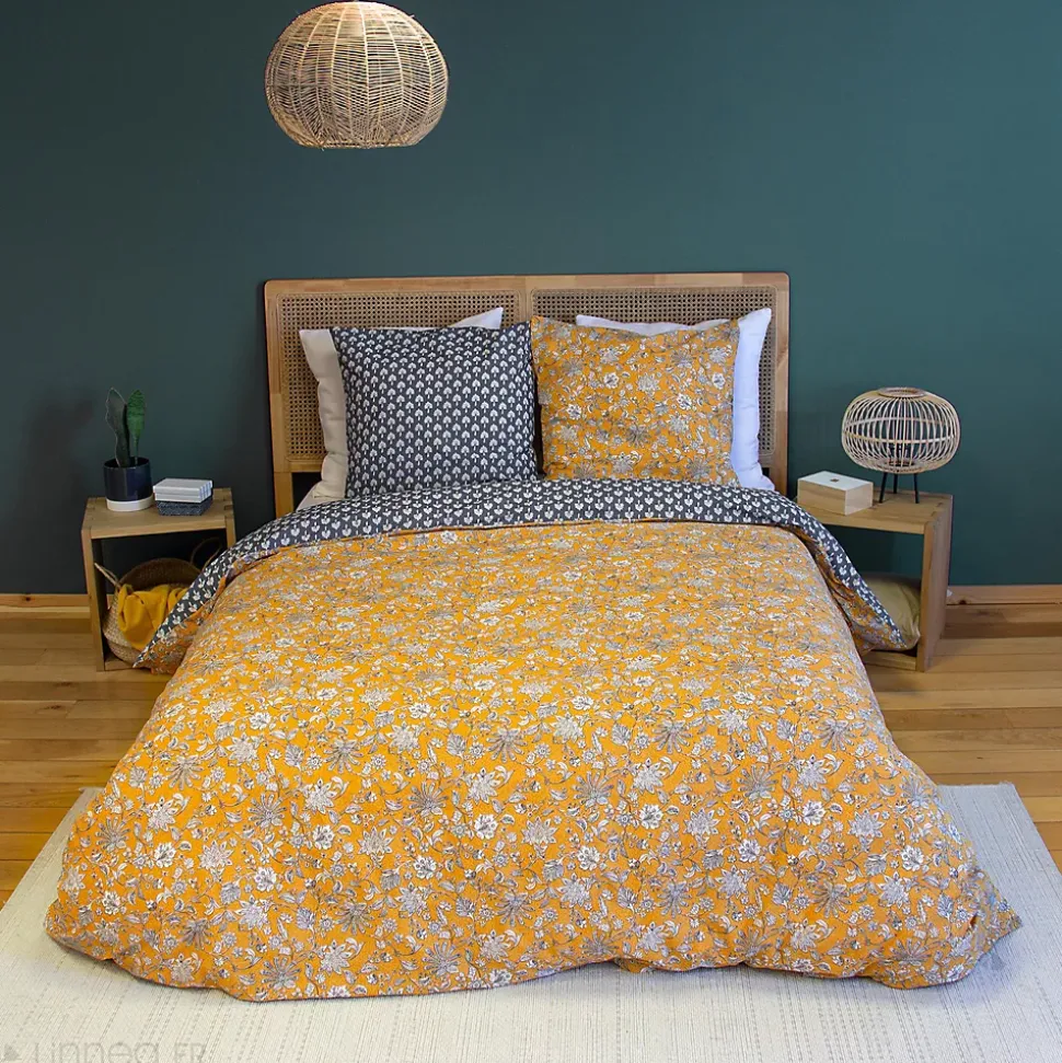 Parure de lit 240x220 cm pur coton ASCHWINI motif floral jaune 3 pièces