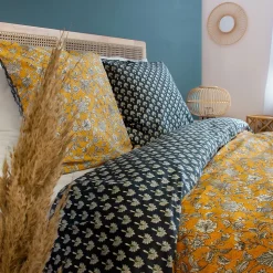 Parure de lit 240x220 cm pur coton ASCHWINI motif floral jaune 3 pièces
