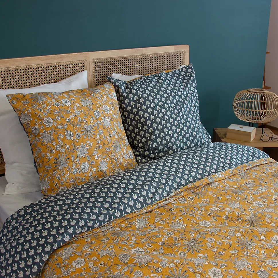 Parure de lit 240x220 cm pur coton ASCHWINI motif floral jaune 3 pièces