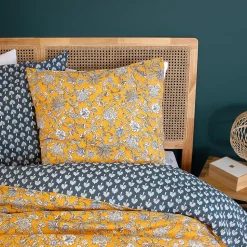 Parure de lit 240x220 cm pur coton ASCHWINI motif floral jaune 3 pièces