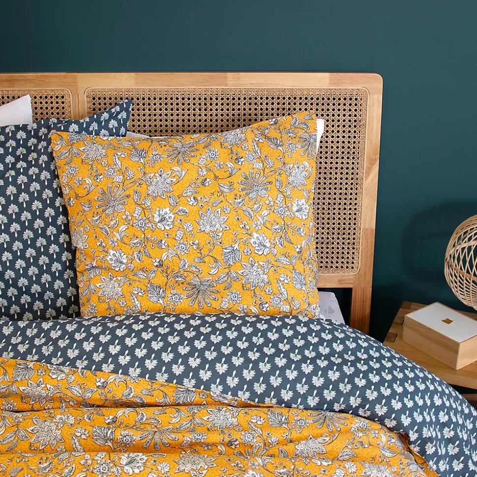 Parure de lit 240x220 cm pur coton ASCHWINI motif floral jaune 3 pièces