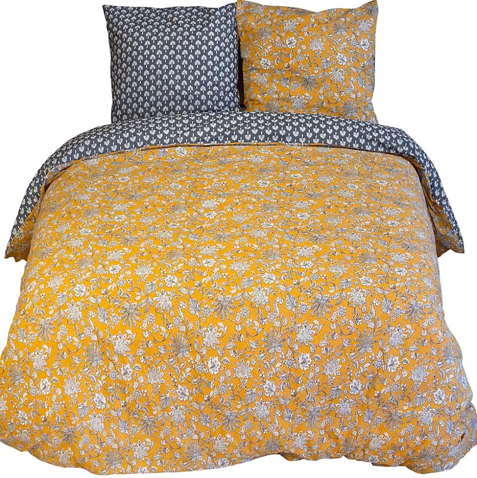 Parure de lit 240x220 cm pur coton ASCHWINI motif floral jaune 3 pièces