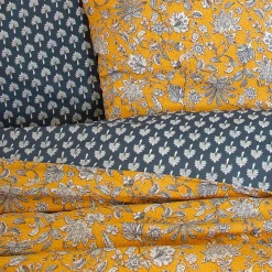 Parure de lit 240x220 cm pur coton ASCHWINI motif floral jaune 3 pièces