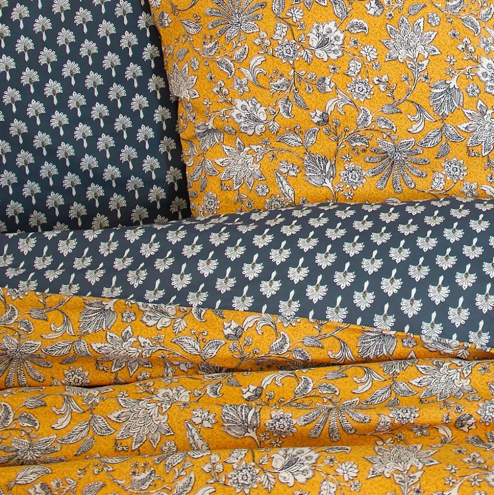 Parure de lit 240x220 cm pur coton ASCHWINI motif floral jaune 3 pièces