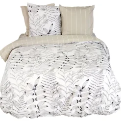 Parure de lit 260x240 cm pur coton ALIX motif végétation blanc et noir 3 pièces