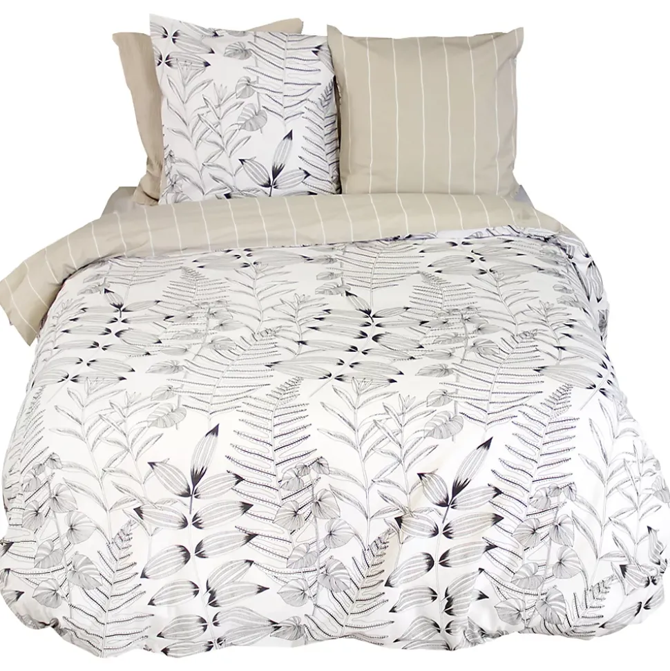 Parure de lit 260x240 cm pur coton ALIX motif végétation blanc et noir 3 pièces