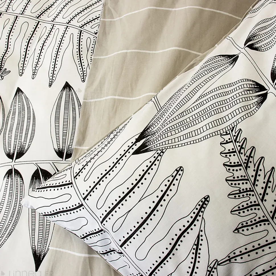 Parure de lit 260x240 cm pur coton ALIX motif végétation blanc et noir 3 pièces