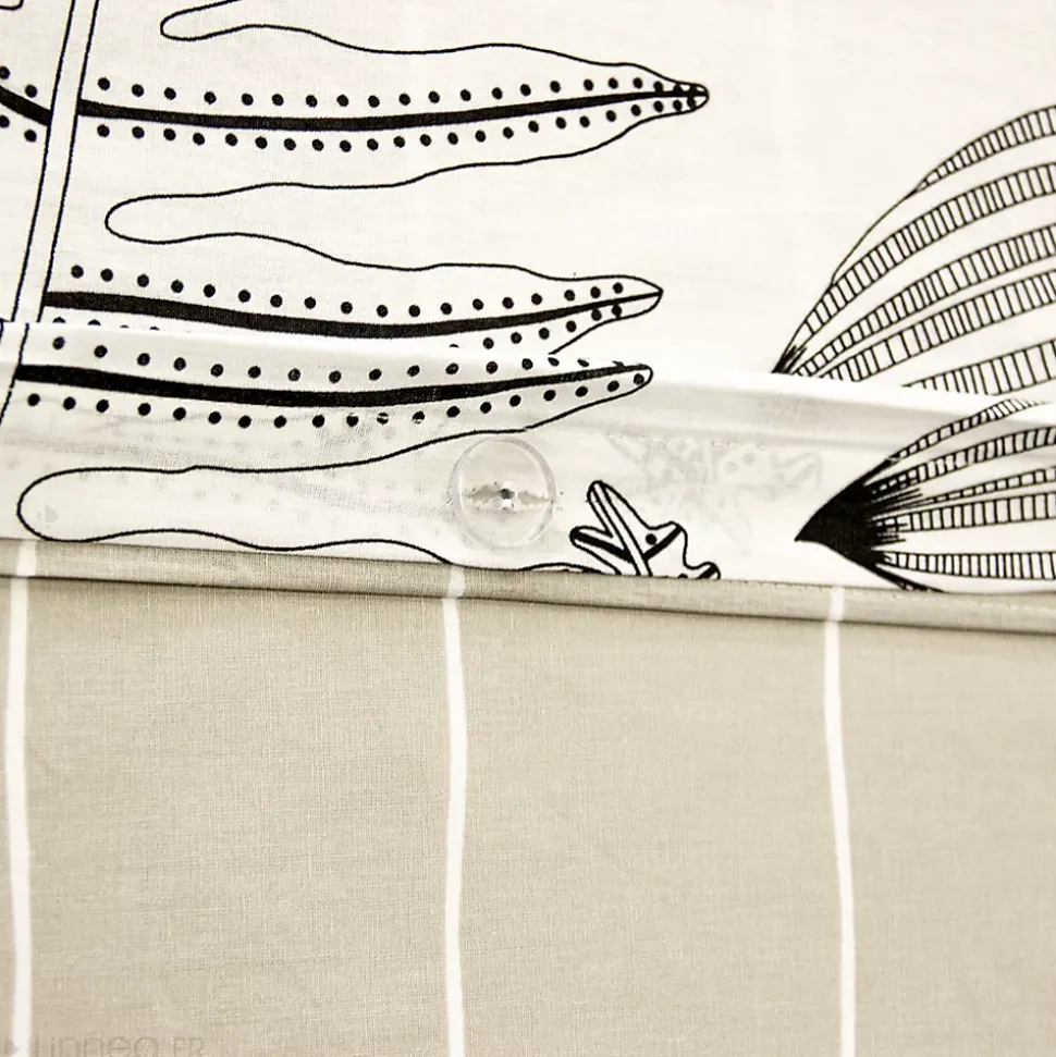 Parure de lit 260x240 cm pur coton ALIX motif végétation blanc et noir 3 pièces