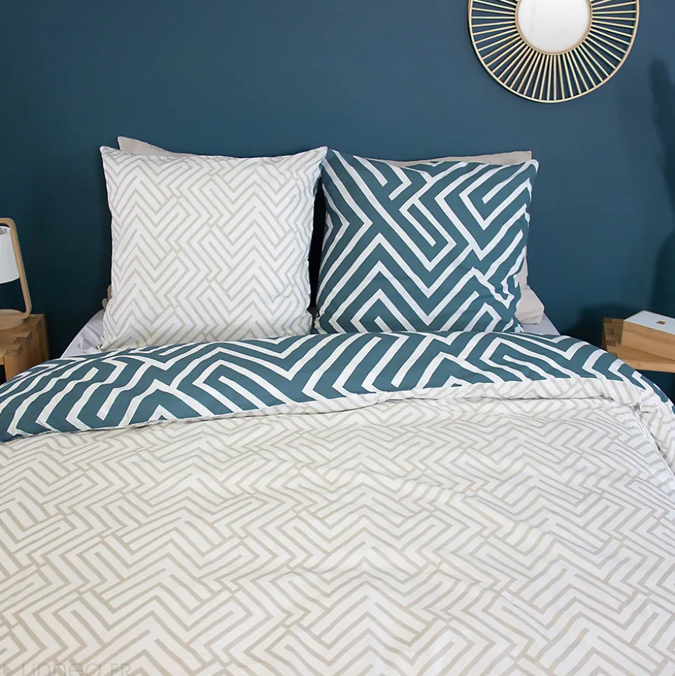 Parure de lit 240x220 cm pur coton PHOSY motif géométrique bleu 3 pièces