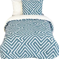Parure de lit 240x220 cm pur coton PHOSY motif géométrique bleu 3 pièces