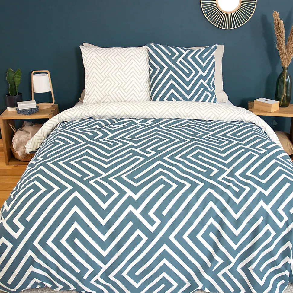 Parure de lit 240x220 cm pur coton PHOSY motif géométrique bleu 3 pièces