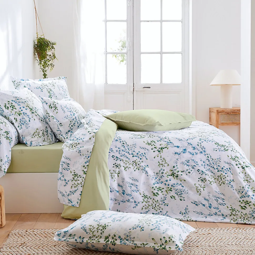 Parure de lit 300x240 cm satin de coton ANGÈLE vert tilleul 3 pièces