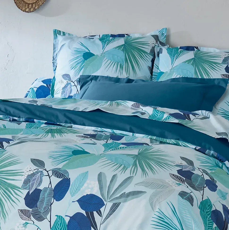 Parure de lit 140x200 cm taie 65x65 cm percale de coton MOOREA PACIFIC bleu/vert 2 pièces