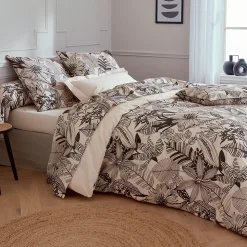 Parure de lit 140x200 cm taie 65x65 cm percale de coton ALBA beige/noir 2 pièces