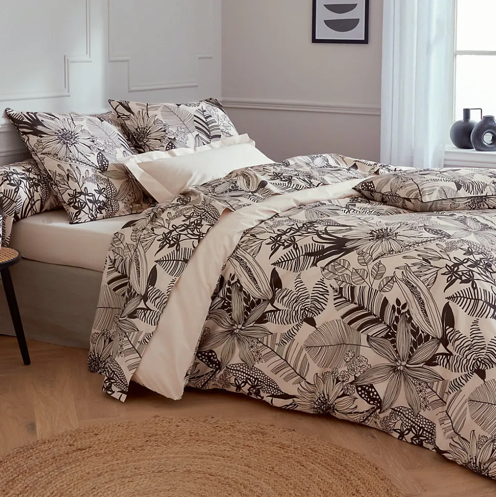 Parure de lit 240x220 cm taies 50x70 cm percale de coton ALBA beige/noir 3 pièces