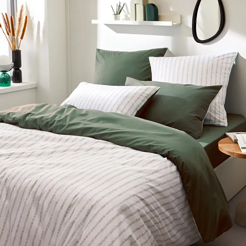 Parure de lit 260x240 cm 65x65 cm percale coton GABY vert Kaki 3 pièces