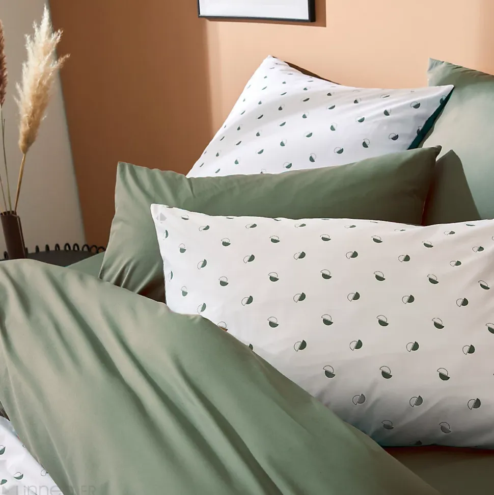 Parure de lit 260x240 cm 65x65 cm percale coton ALEX vert Kaki 3 pièces