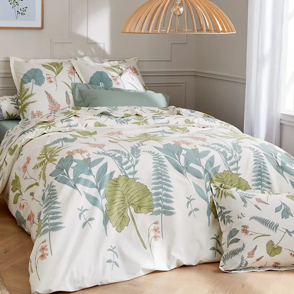 Parure de lit 260x240 cm 50x70 cm percale de coton FÉERIE Blanc sauge