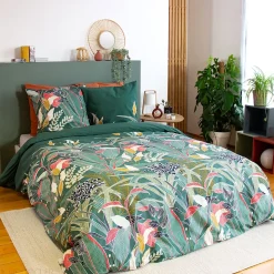 Parure de lit 240x220cm en coton GIGAJUNG vert motif tropical 3 pièces