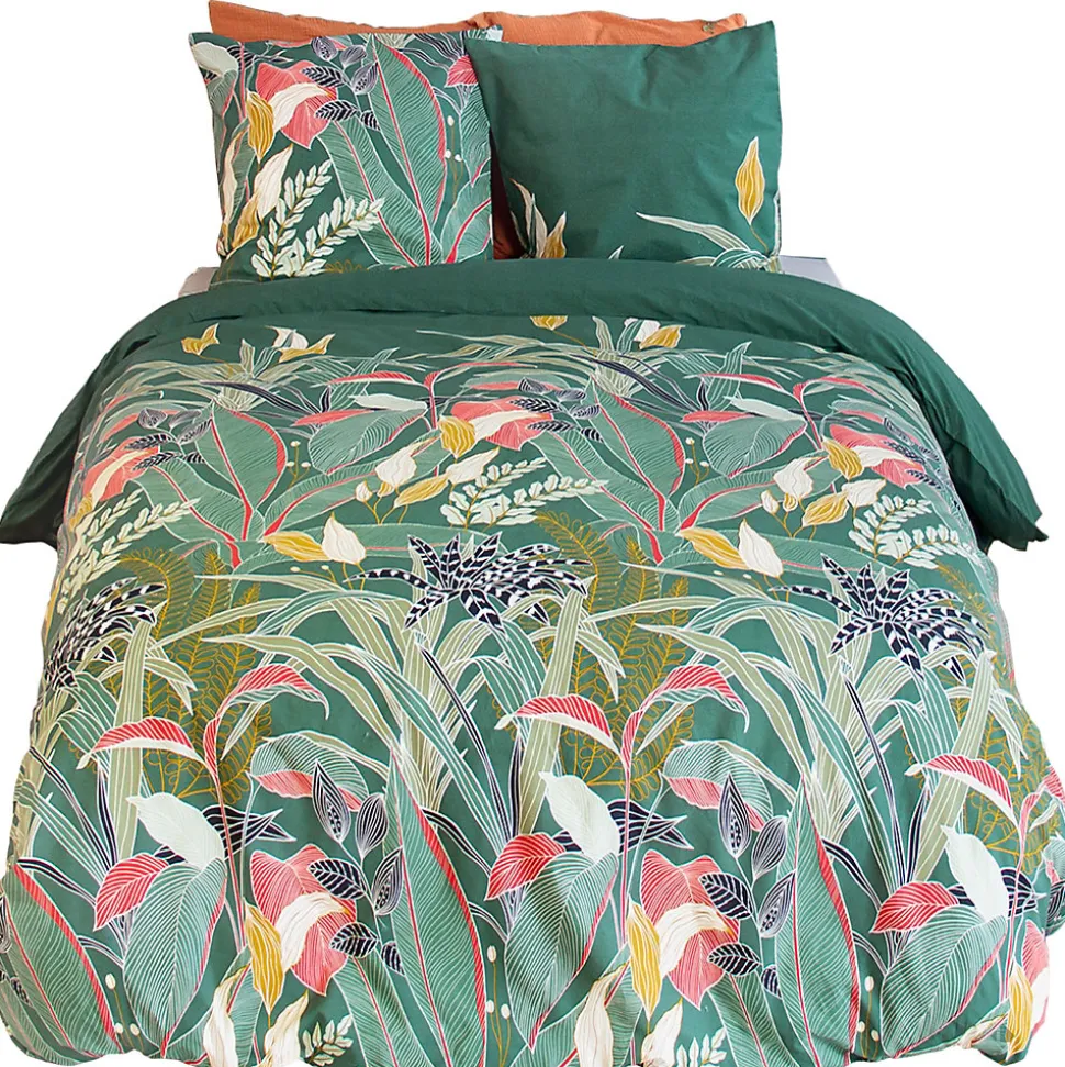 Parure de lit 240x220cm en coton GIGAJUNG vert motif tropical 3 pièces