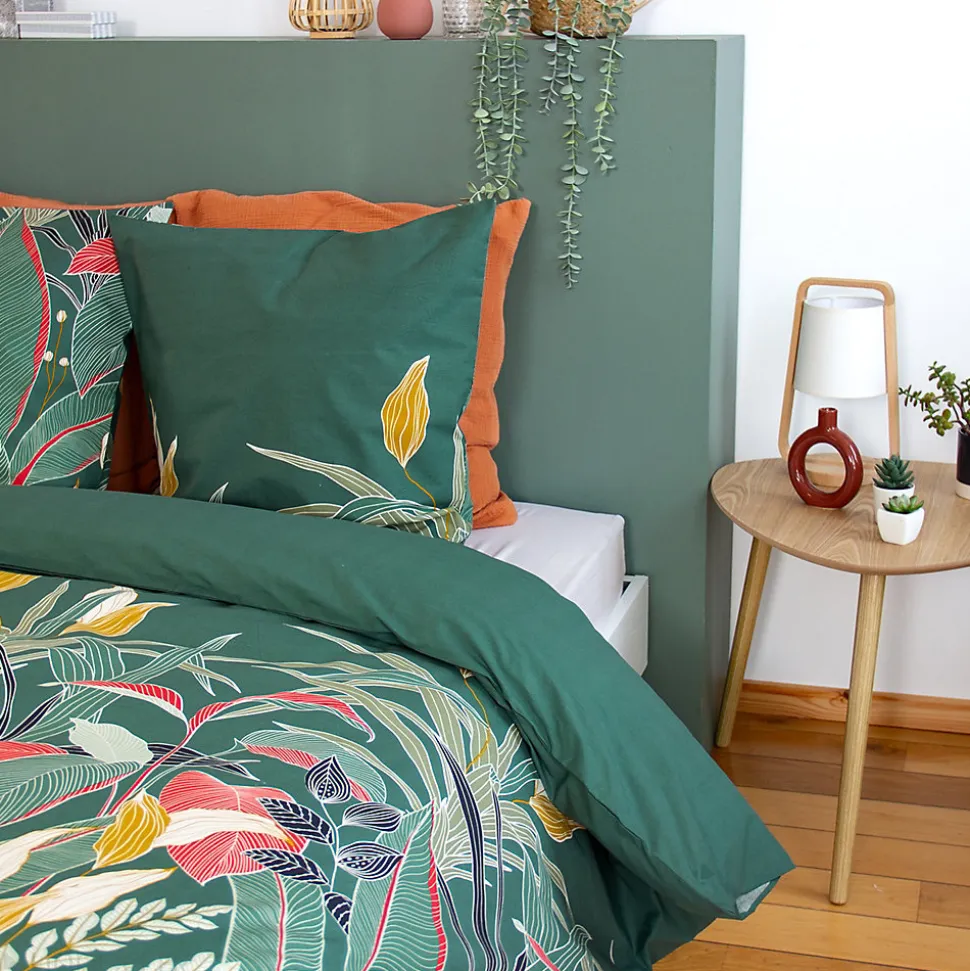 Parure de lit 240x220cm en coton GIGAJUNG vert motif tropical 3 pièces