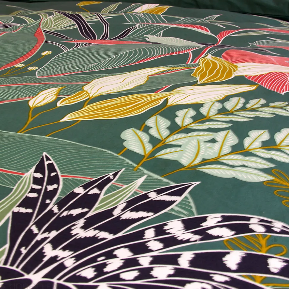 Parure de lit 240x220cm en coton GIGAJUNG vert motif tropical 3 pièces