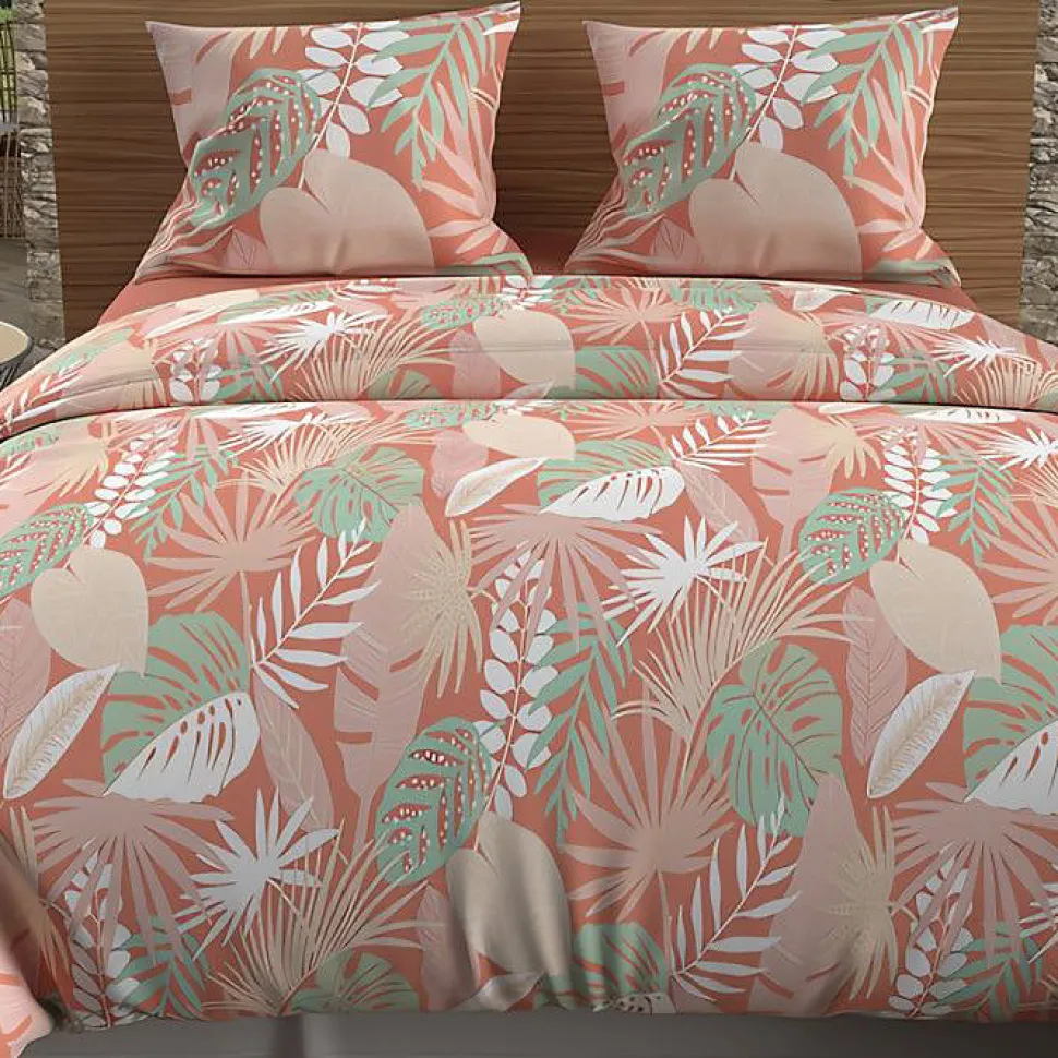 Parure housse de couette en coton 57 fils 240x220 cm TANZANIE corail, par Soleil d'ocre