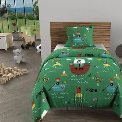 Parure housse de couette 140x200 cm PIRATES vert, 100% coton 57 fils/cm2, par Soleil d'Ocre