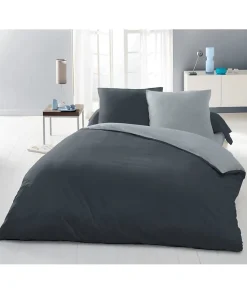 Parure housse de couette 2 personnes - 220x240 cm - 100% Coton - Bicolore Gris clair et foncé