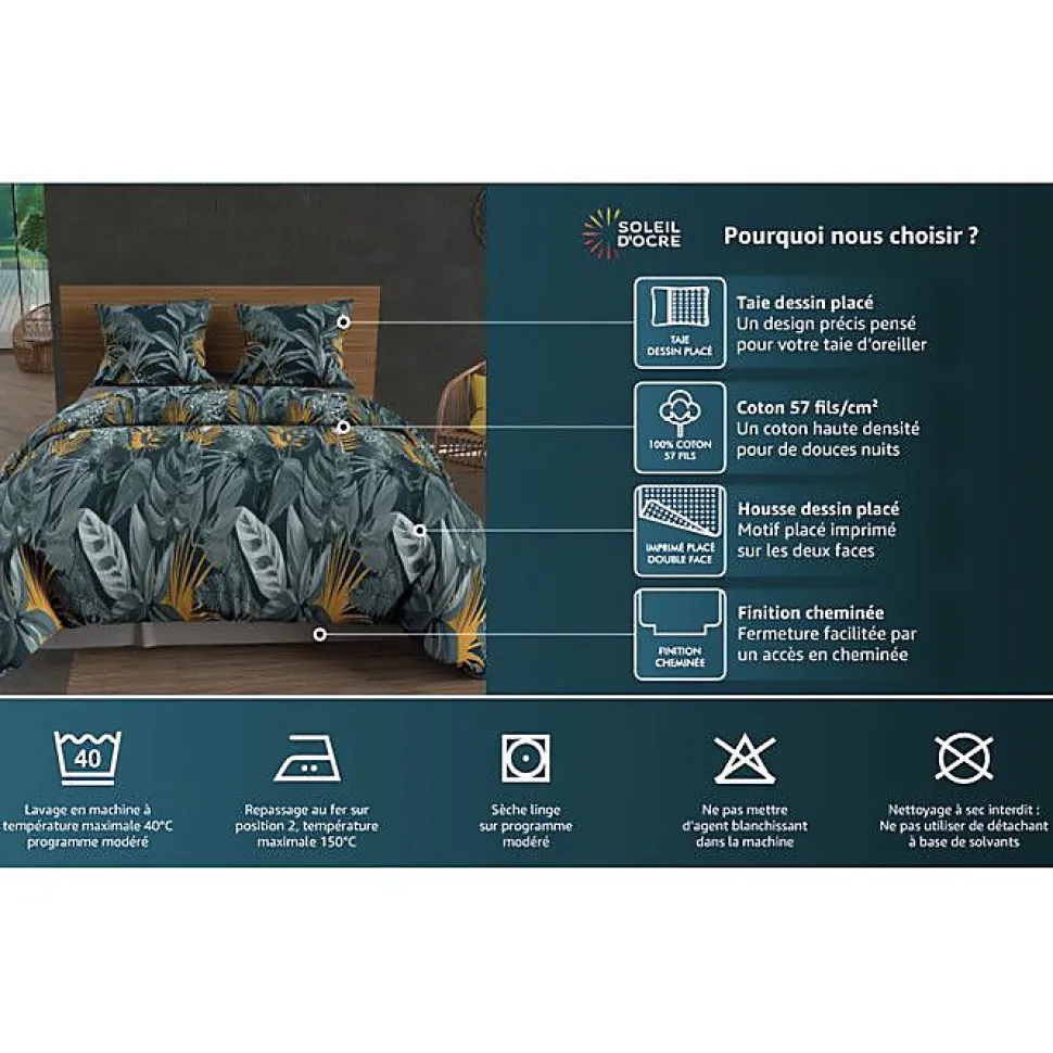 Parure housse de couette coton 57 fils 140x200 cm TOGO blanc, par Soleil d'ocre