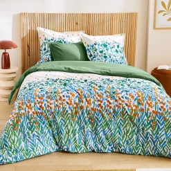 Parure 260x240 cm 65x65 cm coton ÉVASION Blanc vert 3 pièces