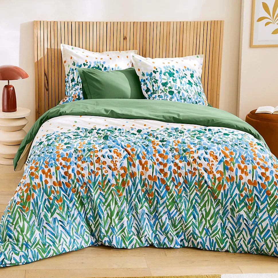 Parure 300x240 cm 65x65 cm coton ÉVASION Blanc vert 3 pièces