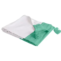 Plaid coton vert et blanc avec pompons 180x220cm SLAVIA - SACASA