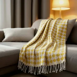 Plaid jaune et blanc avec franges 130x170cm DROP - SACASA