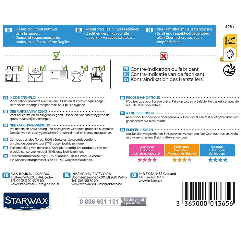 Éponge végétale Starwax l.3 x H.12 x P.18.2 cm vendue par 2