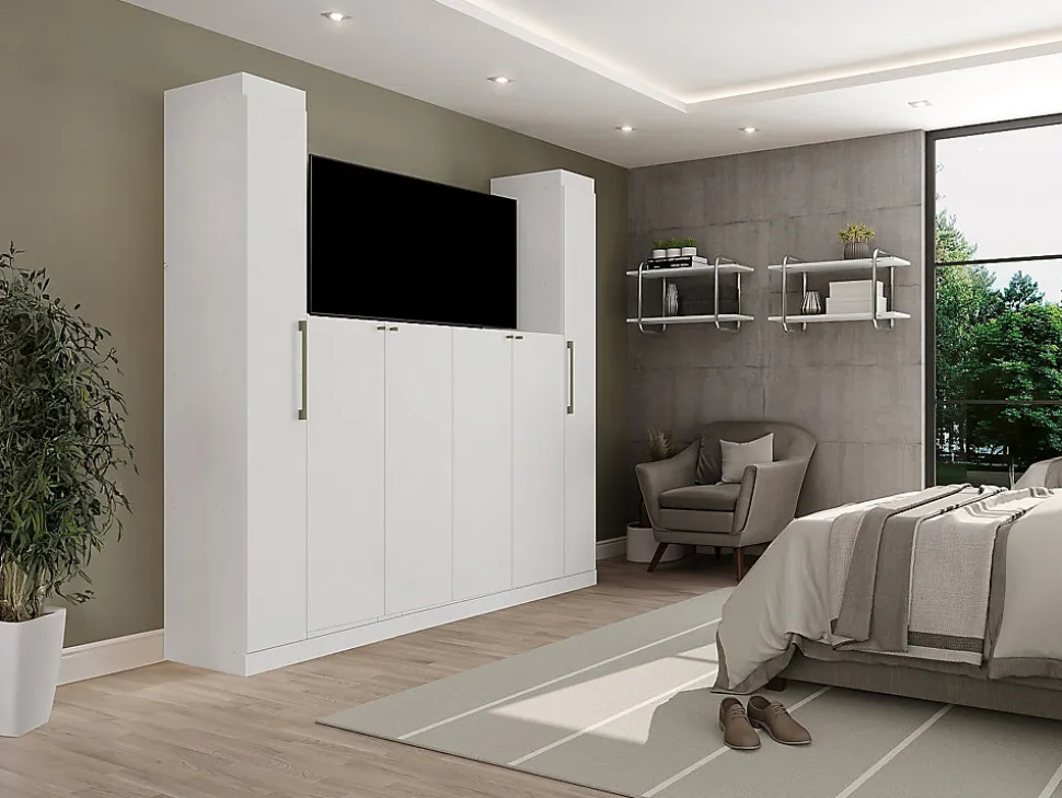 Pont de lit - 6 portes - Avec armoires et rangements - L216,5 cm - Blanc - ANTERO